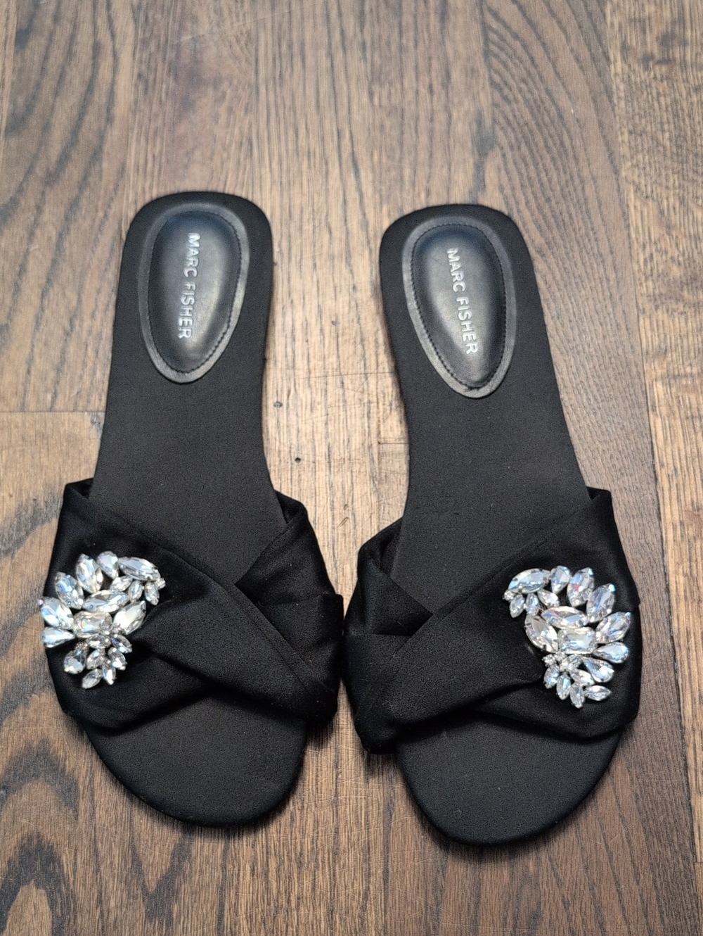 Marc Fisher Black Satin Slide Sandals with Crystal Clusters